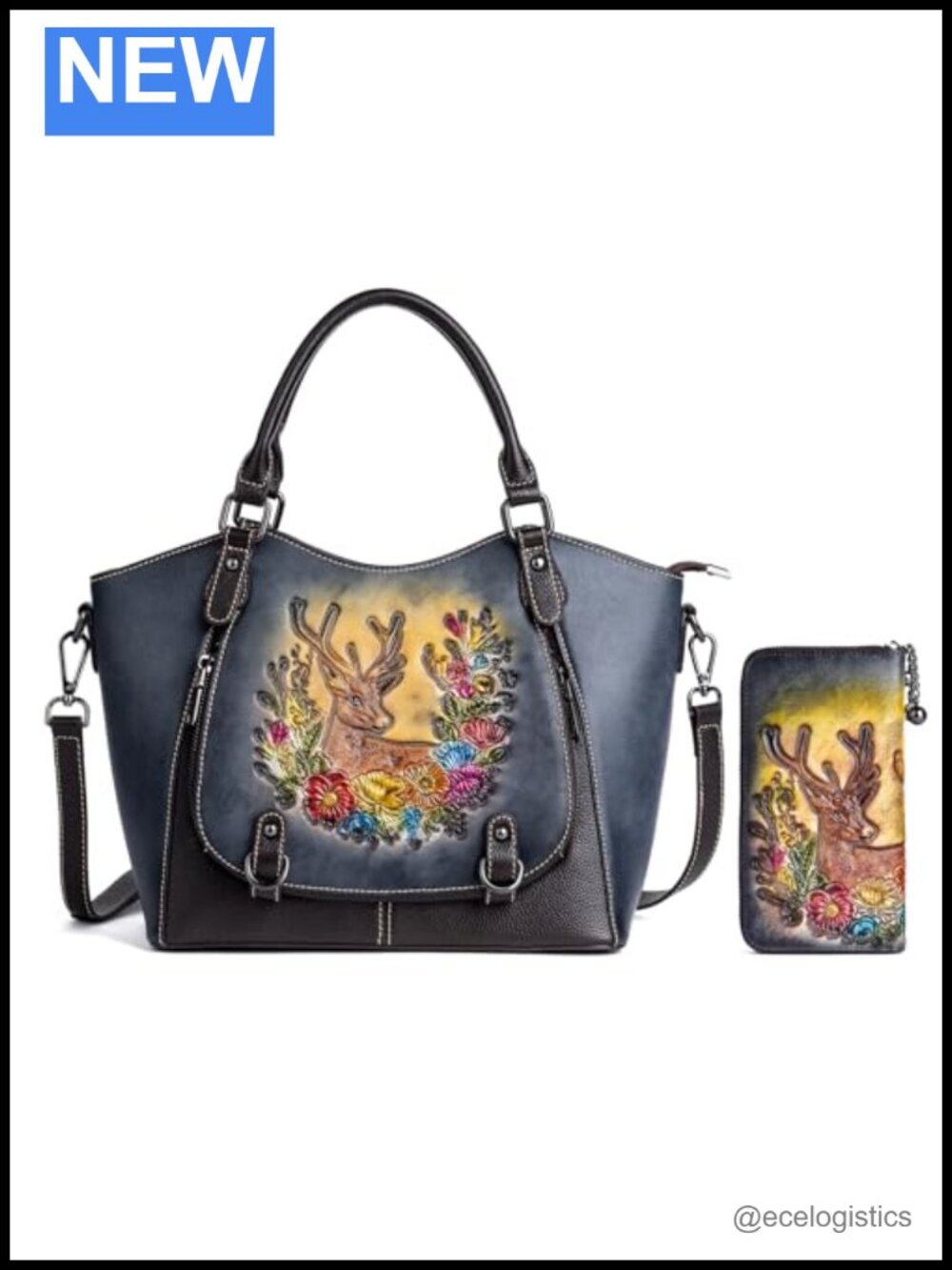 Vintage Genuine Leather Satchel Bag and Wallet Set with Floral Deer Embossed